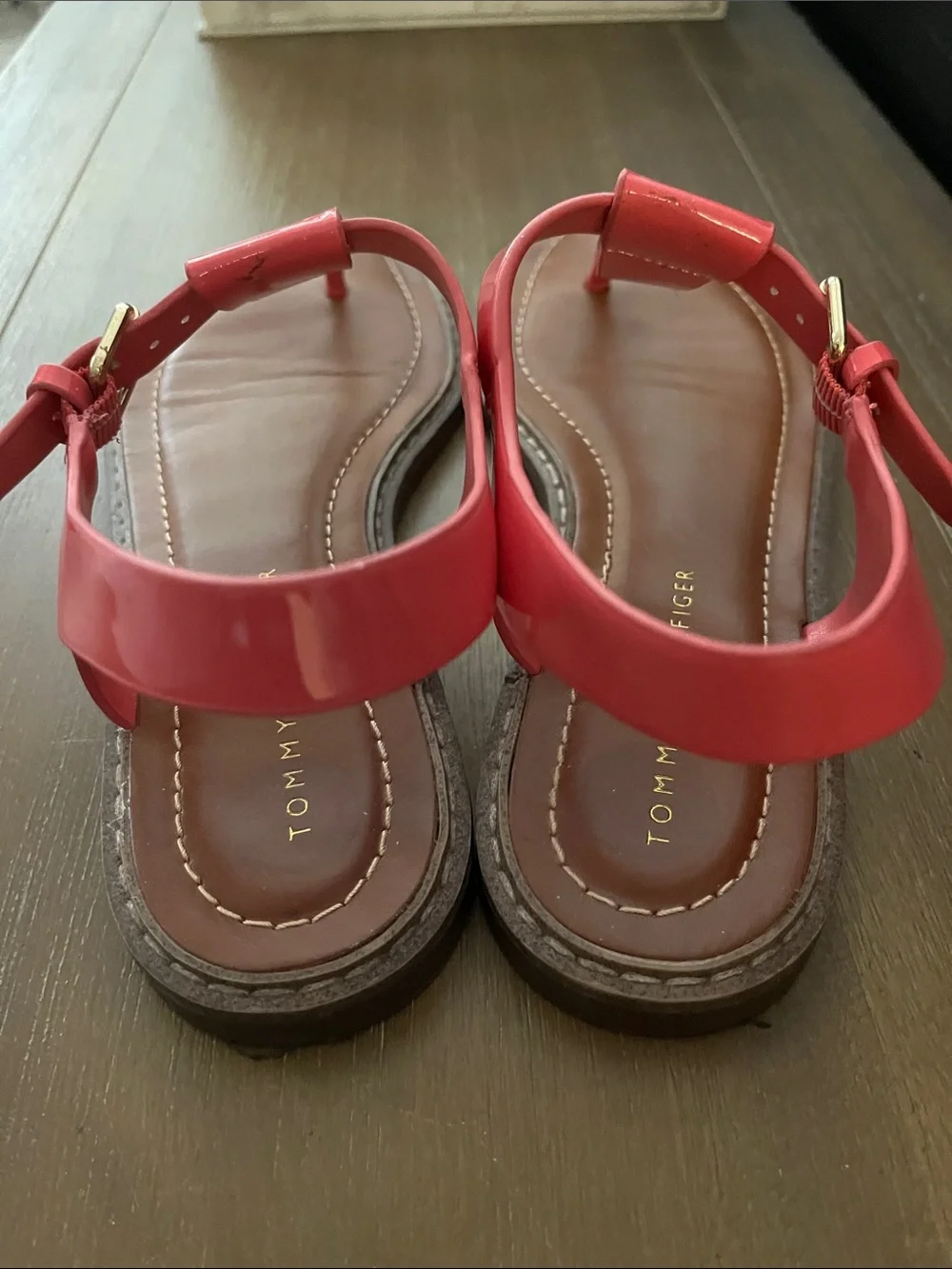 Tommy Hilfiger Pink Patent T-Strap Sandals with Logo Medallion